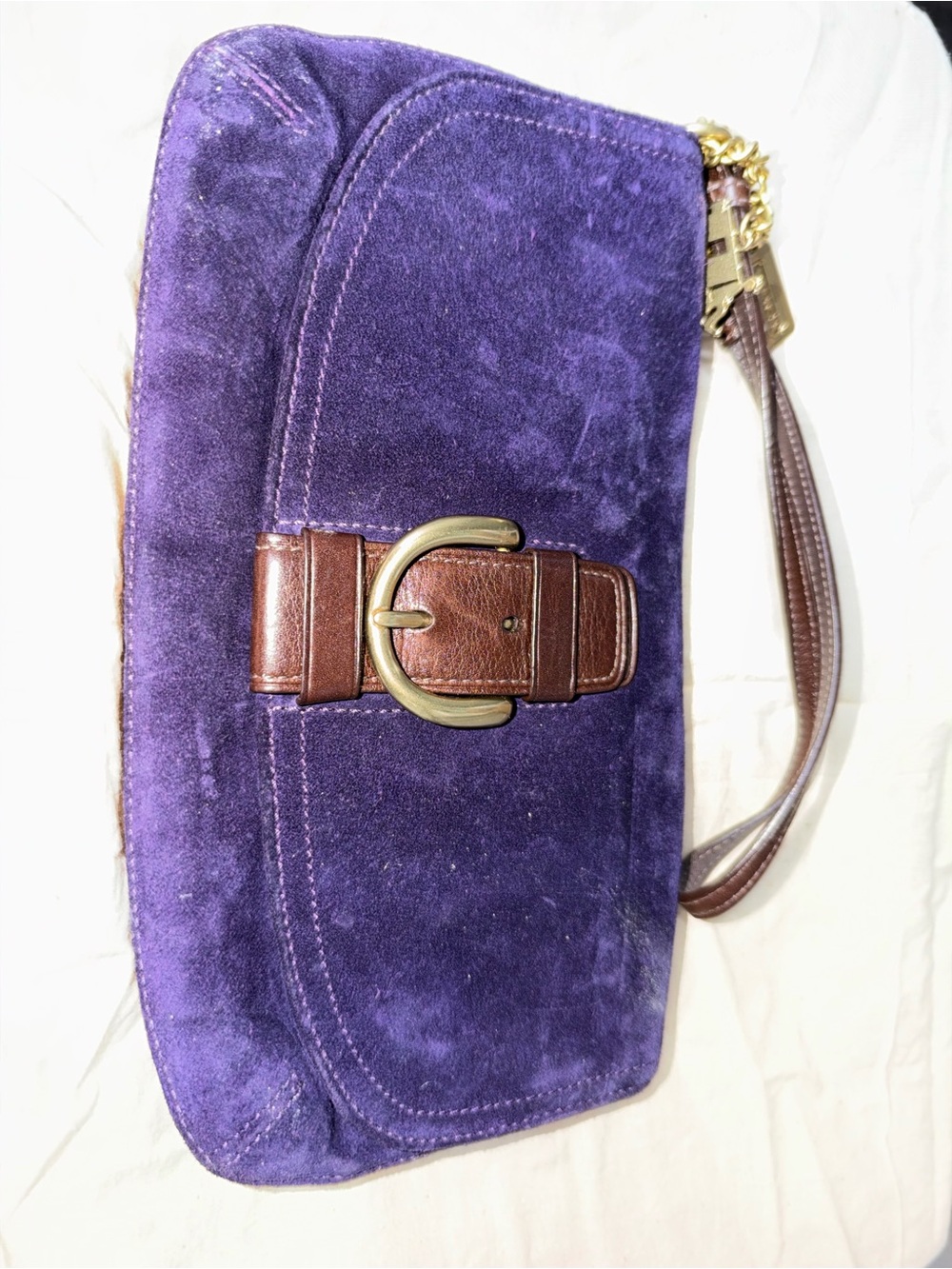 Coach Purple Suede Clutch with Brown Leather Strap